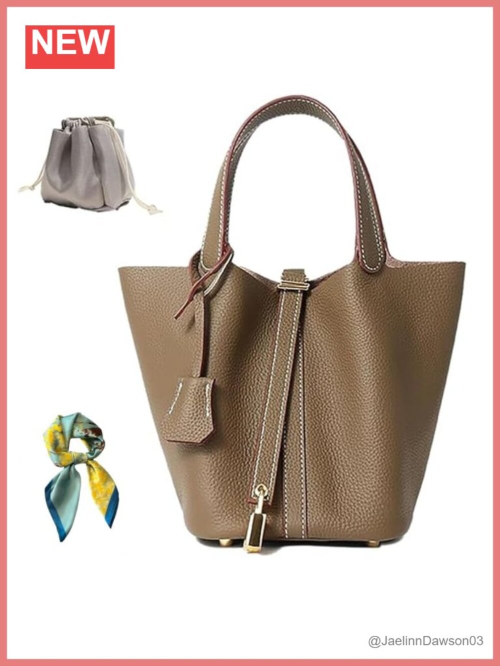 Genuine Leather Bucket Bag Women's Lock Design Shoulder Handbag